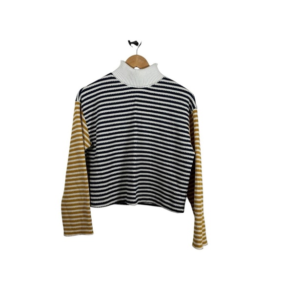 Zara Women’s Cropped Striped Turtleneck Sweater Navy/White/Yellow M - Picture 4 of 12